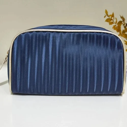 کیف لوازم آرایشی چرم مصنوعی تک زیپ رنگ آبی کاربنی